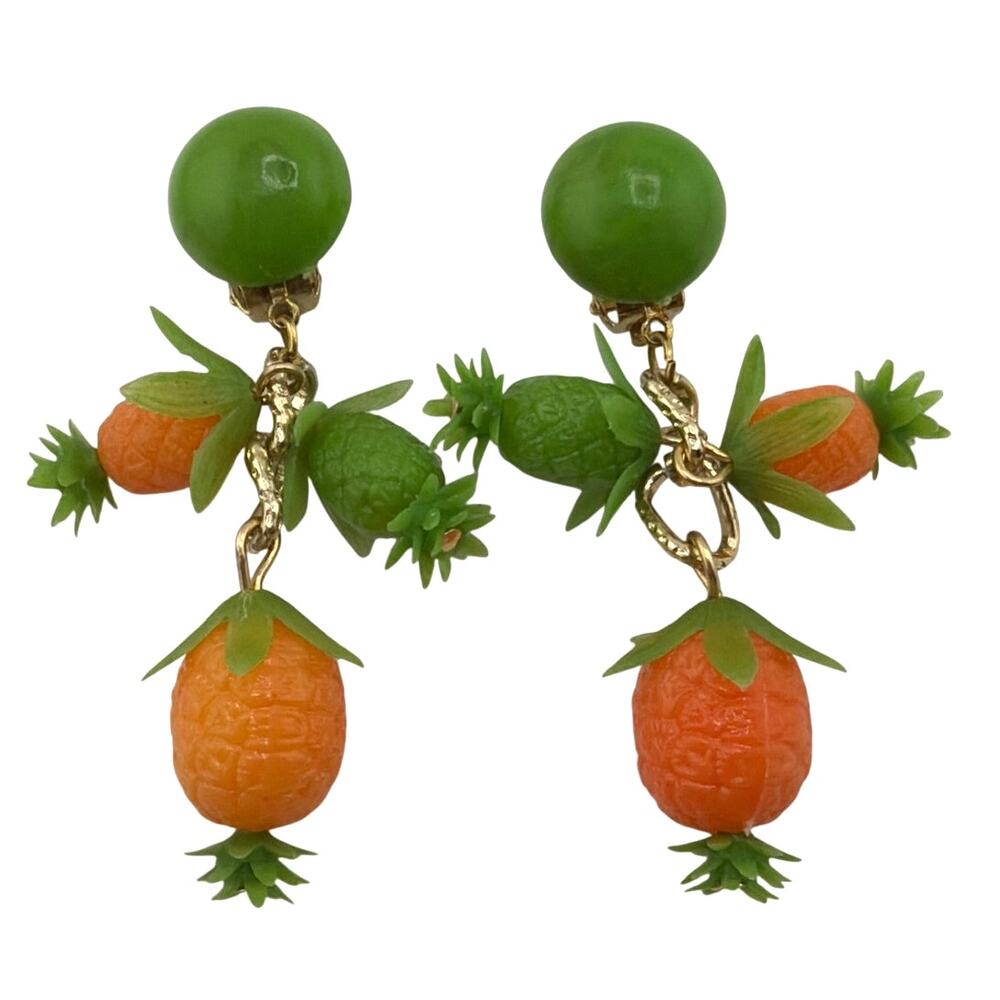 Vintage Mid Century Fruit Salad Pineapple Drop Clip On Earrings